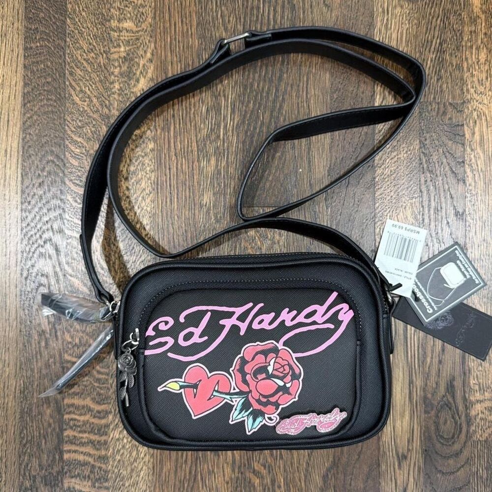 ed hardy black and pink crossbody camera style bag NWT